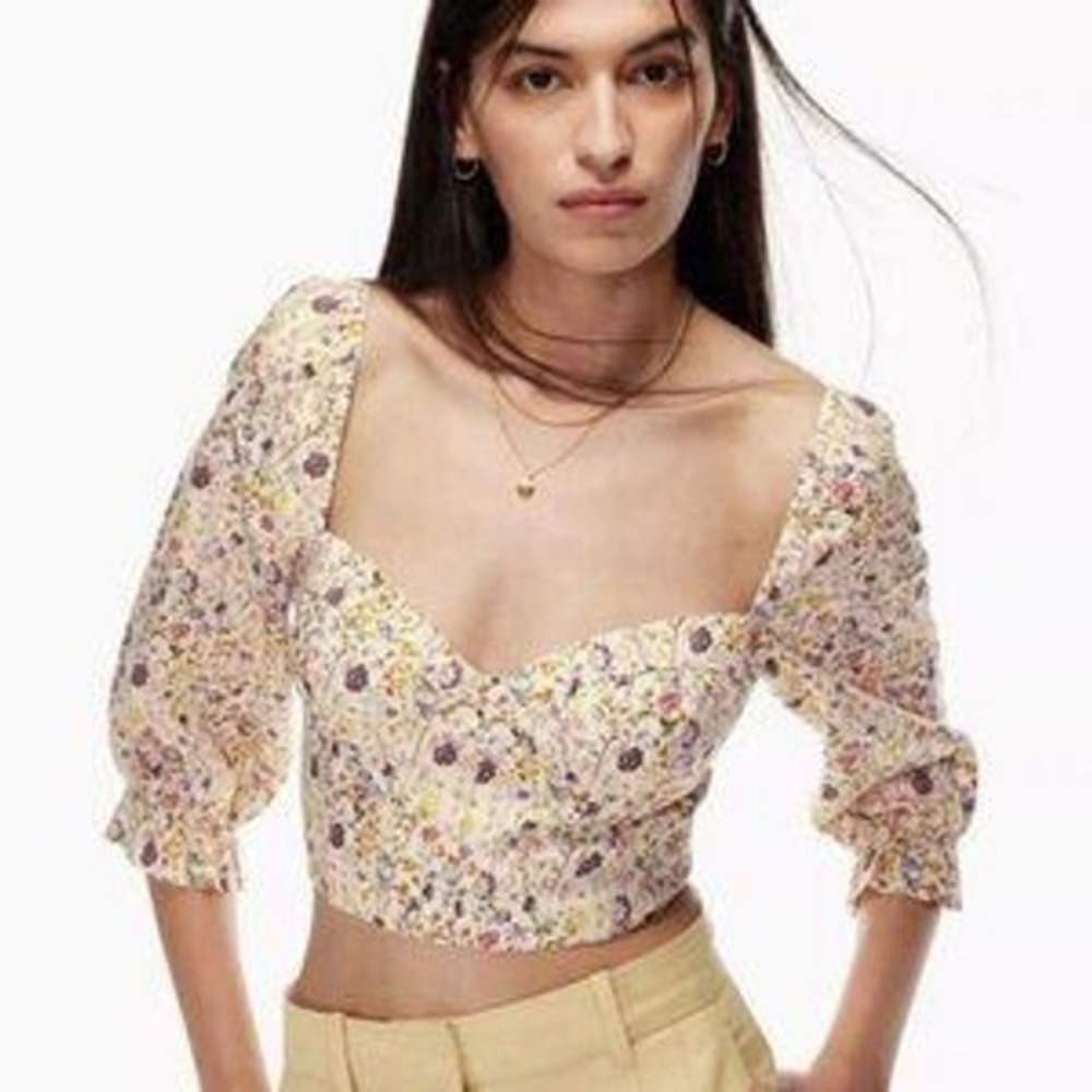 Wilfred Novella Blouse Women M Cream Floral Organic Linen Puff Sleeve Crop Top
